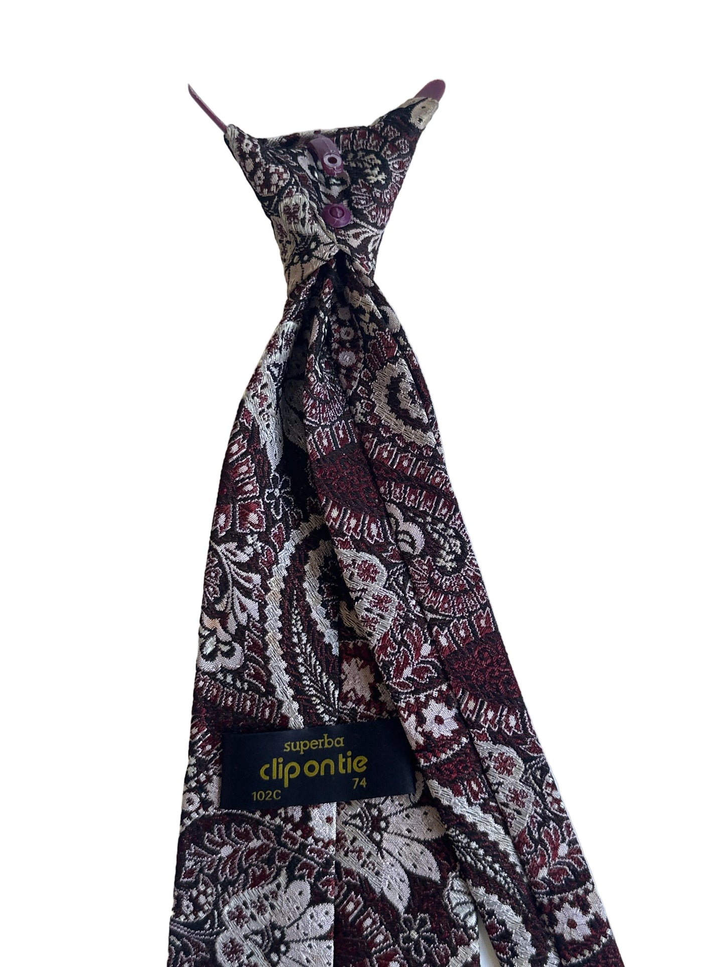 1974 Superba clip-on tie in burgundy paisley