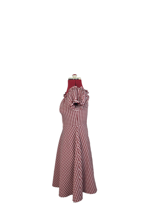 Vintage - inspired Bardot-Style Red Gingham Dress with Puff Sleeves