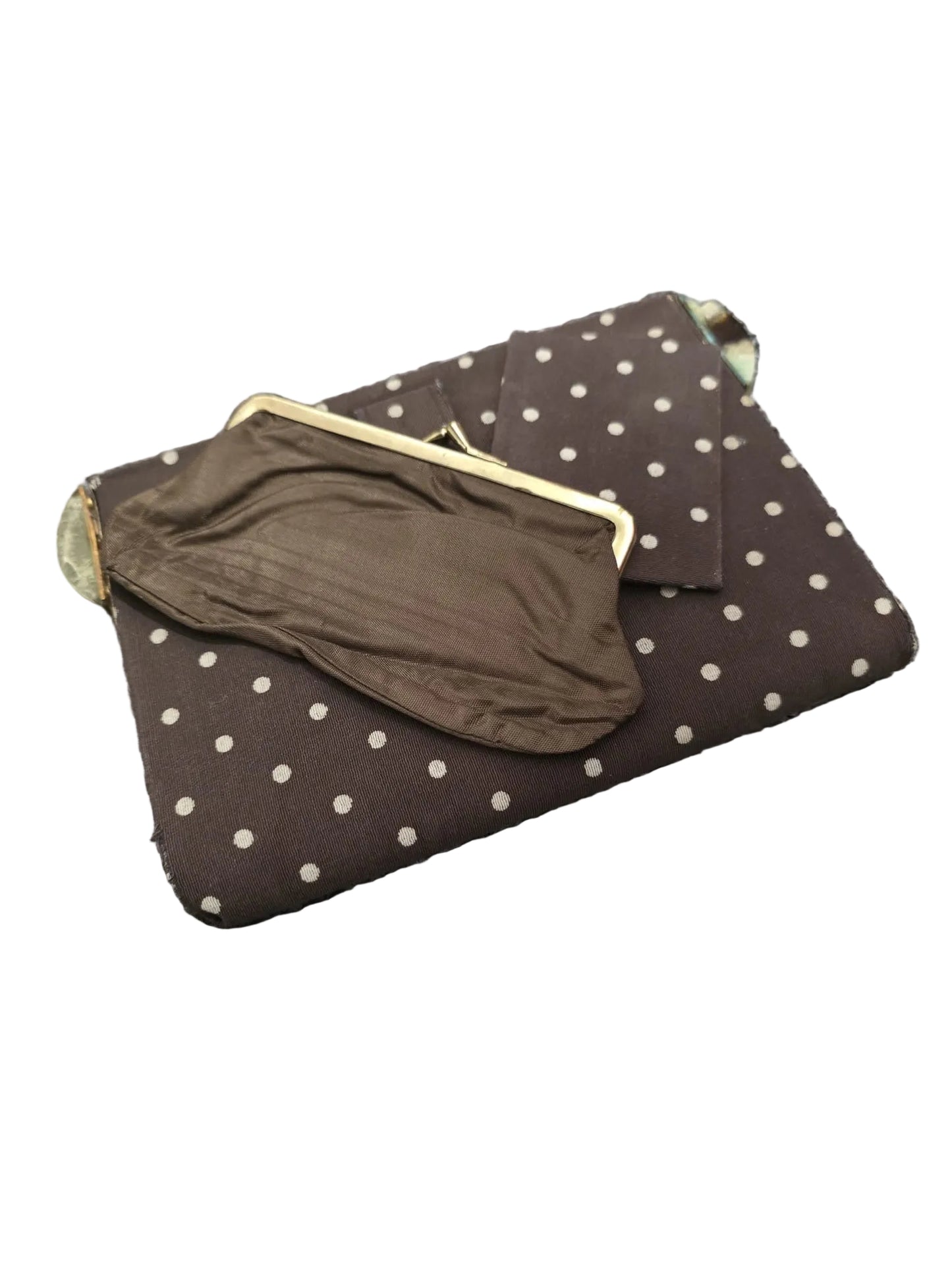1950s Brown Polka Dot Clutch Bag with Original Purse & Mirror