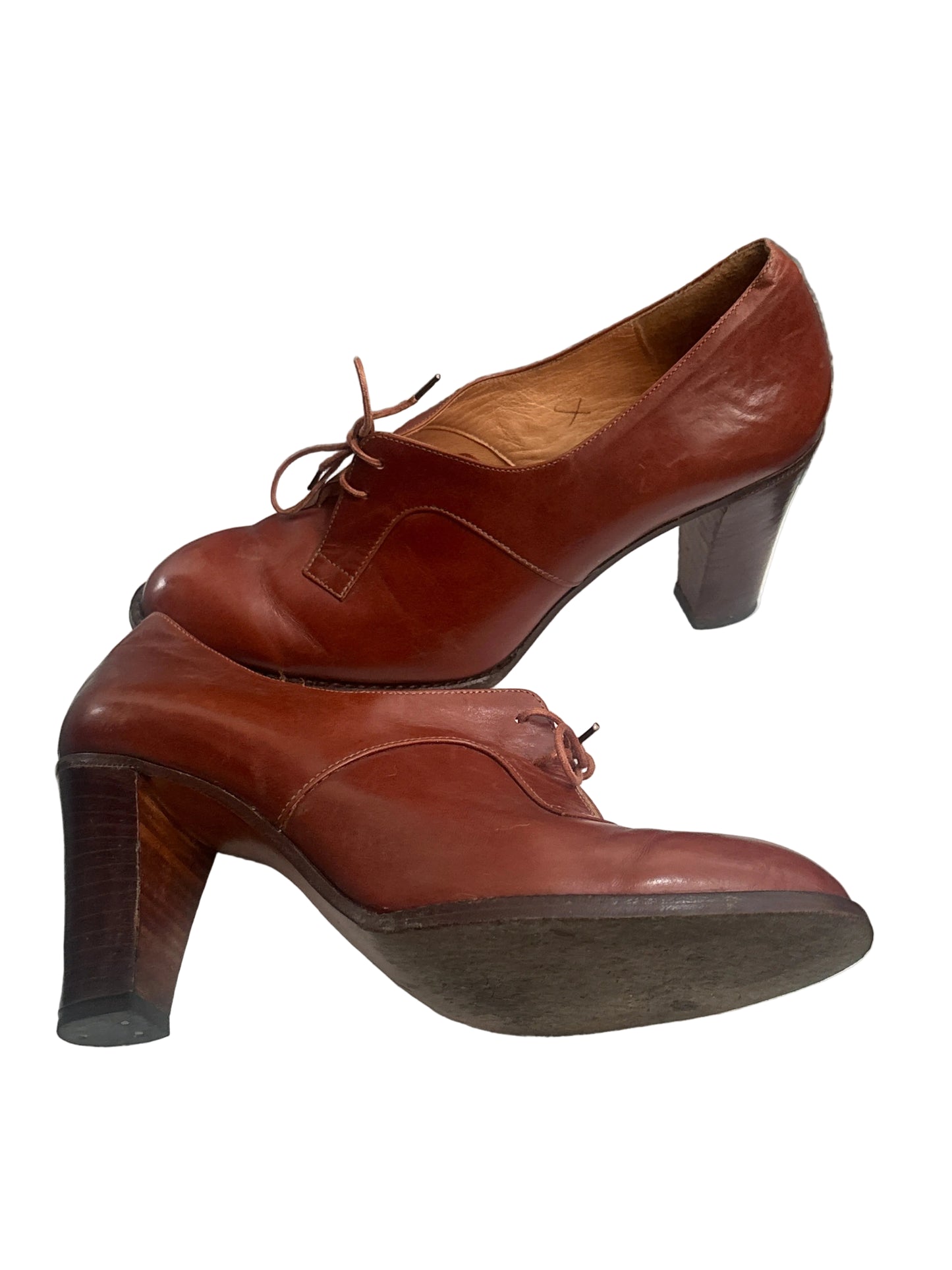 1970s Omega Tan Leather Lace Up Heels UK 4.5 EU 37