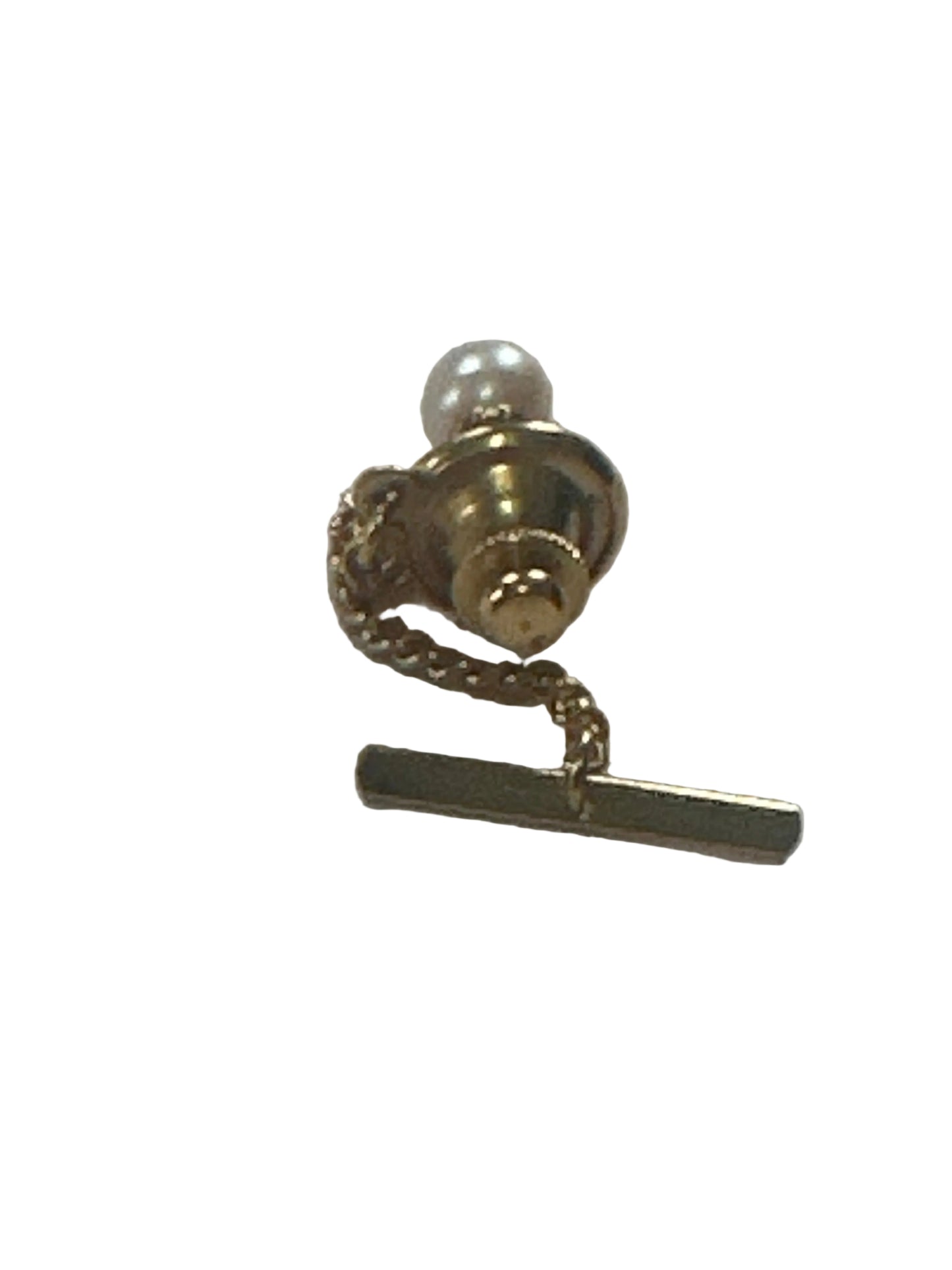 Vintage 1950s–1960s Pearl Stick Pin – Gold-Tone, Chain & Bar Back