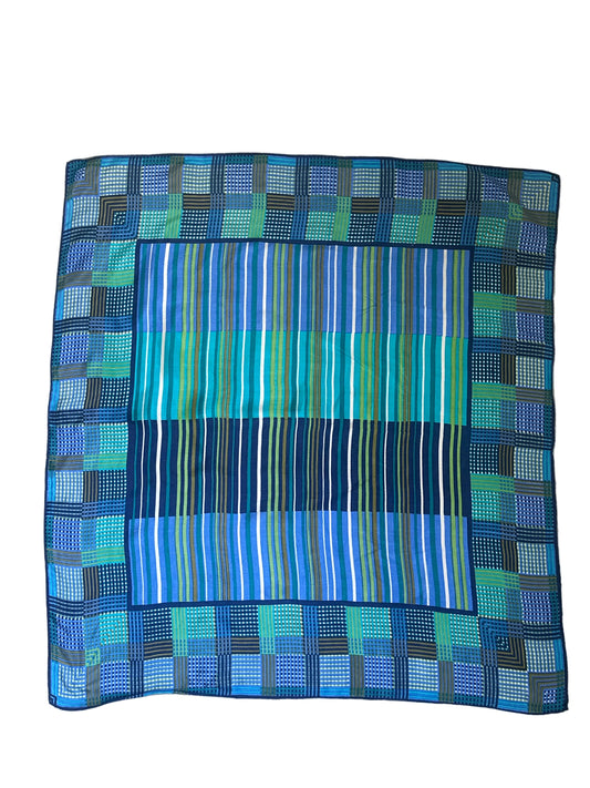 Vintage 1970s–1980s Geometric Square Scarf 68 x 71 cm Blue Abstract Pattern