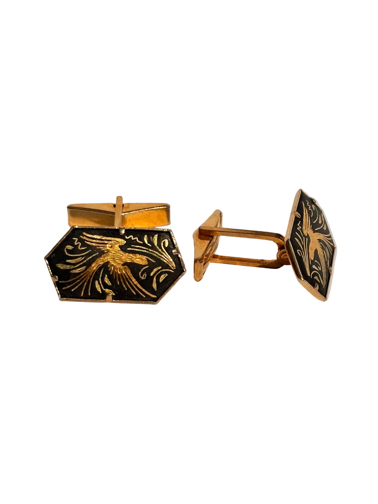 c.1960s True Vintage Gold Tone Phoenix Cufflinks – Black Enamel Style