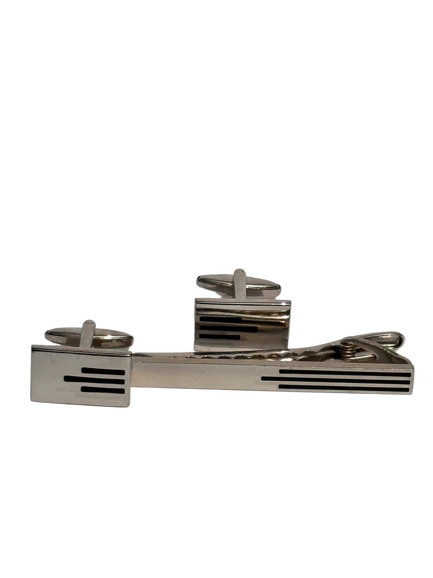 c.1970s Vintage Silver Tone Tie Clip & Cufflinks Set – Minimalist Line Design