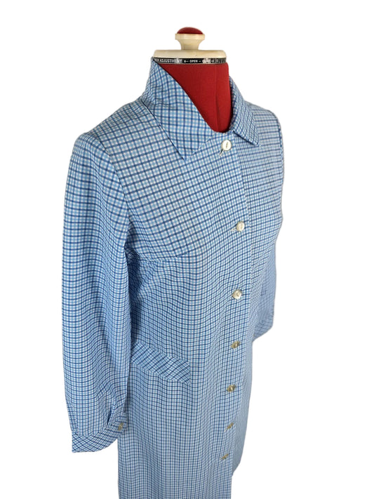 1970s Genuine Vintage Terylene Housecoat Blue Check Button Front Dress