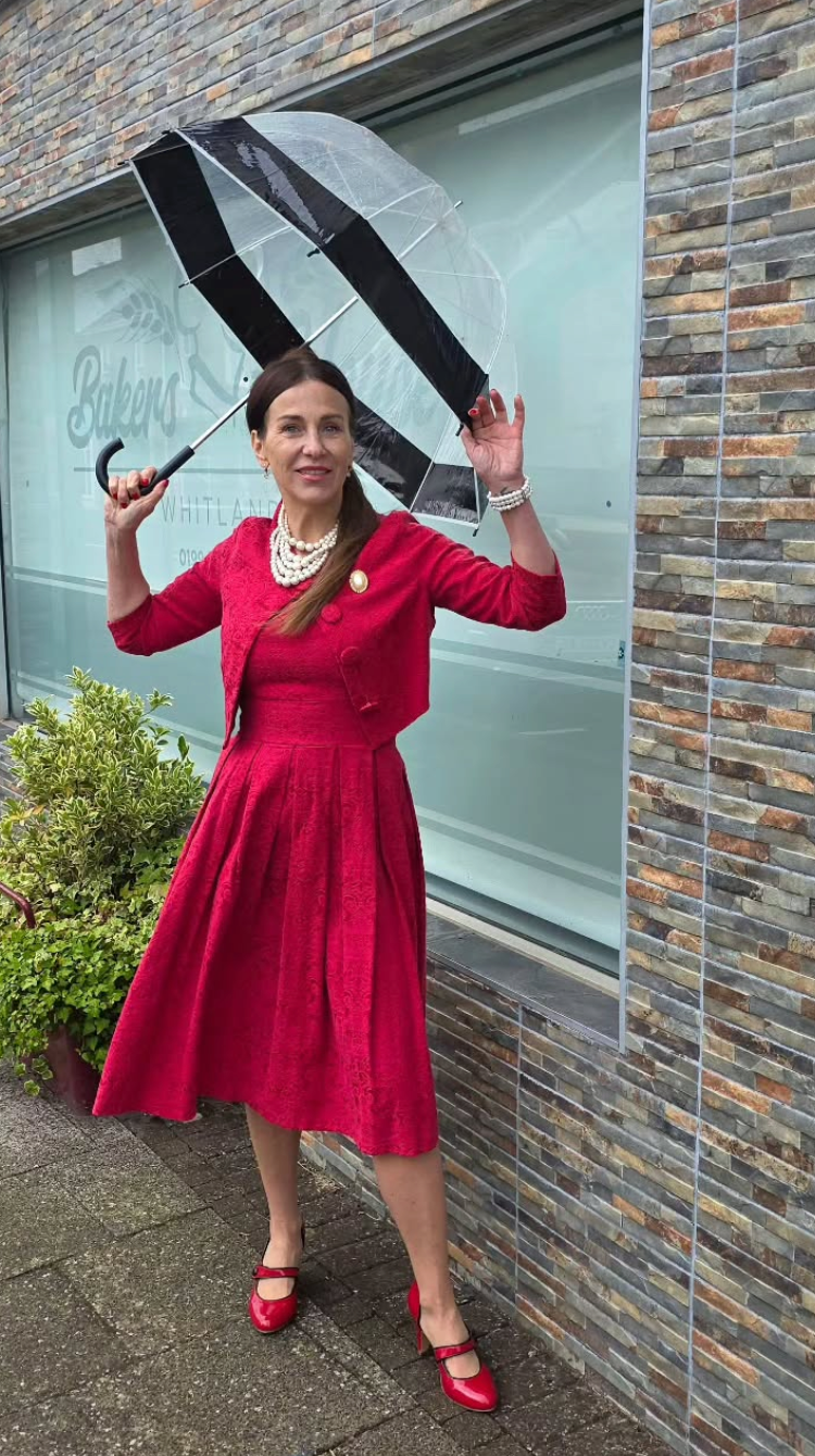 Vintage Inspired by Lindy Bop Burgundy Dress & Cropped Jacket Set UK 10