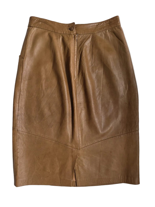 1980s Fritala Finland Soft Leather Midi Skirt Camel Brown Genuine Leather