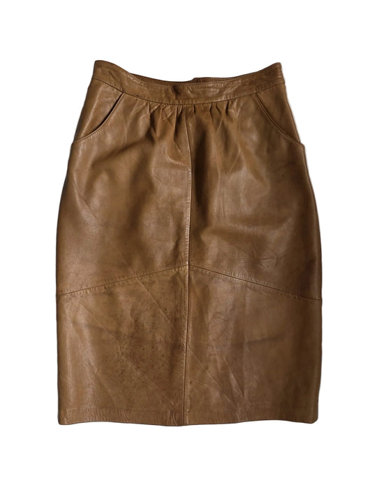 1980s Fritala Finland Soft Leather Midi Skirt Camel Brown Genuine Leather