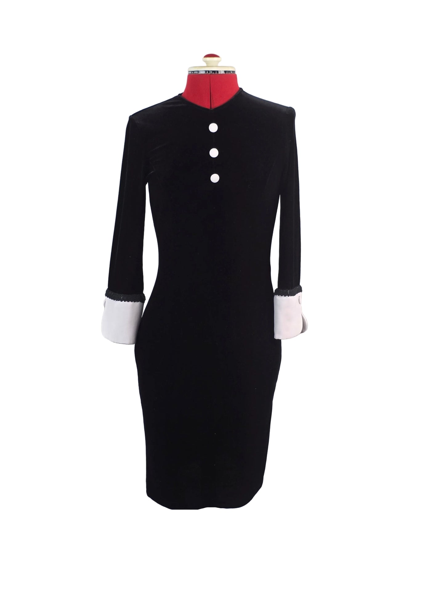 Vintage-inspired Black Velvet Mod Style Dress with Contrast Cuffs