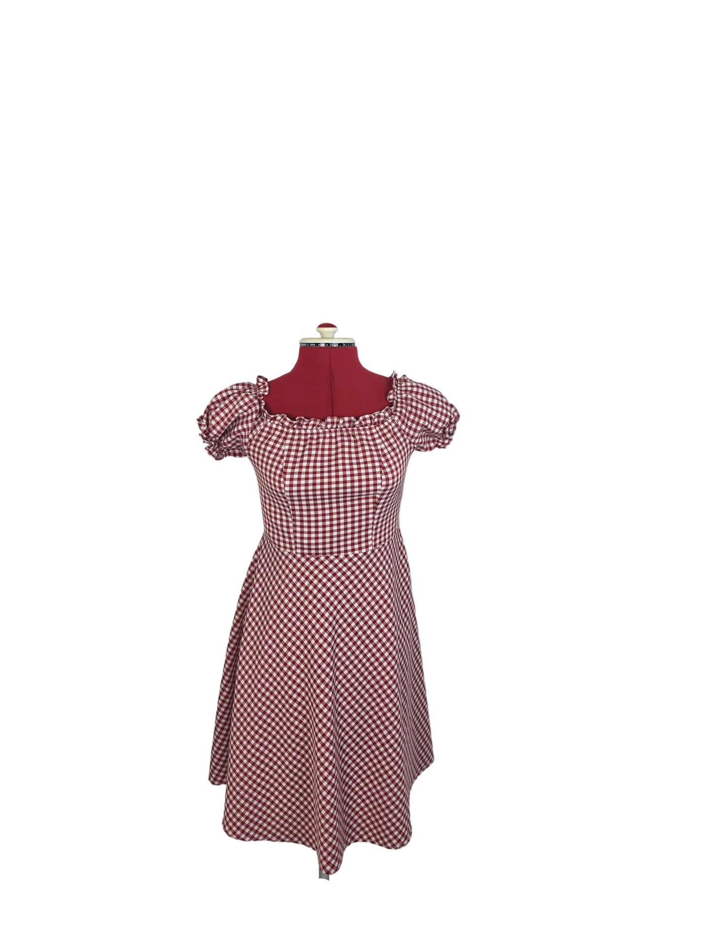Vintage - inspired Bardot-Style Red Gingham Dress with Puff Sleeves