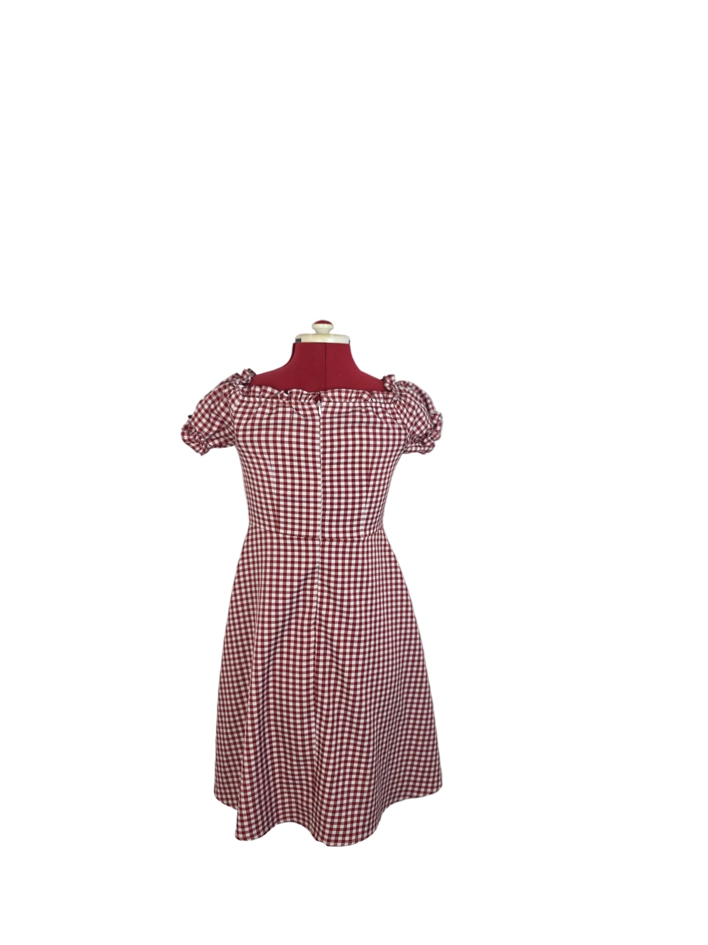 Vintage - inspired Bardot-Style Red Gingham Dress with Puff Sleeves