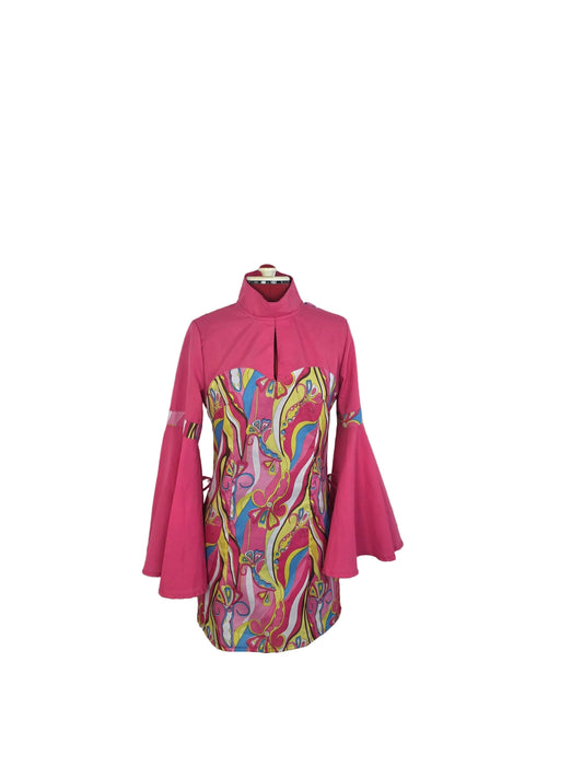 Psychedelic 70s-Inspired Mini Dress with Bell Sleeves – Pink