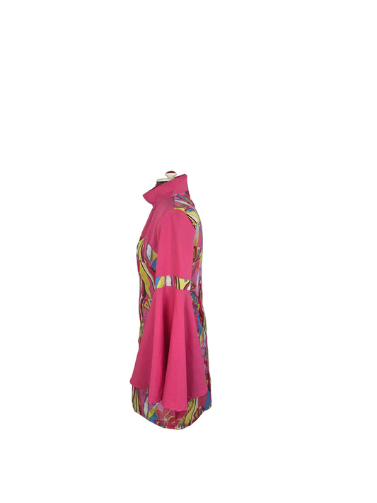 Psychedelic 70s-Inspired Mini Dress with Bell Sleeves – Pink