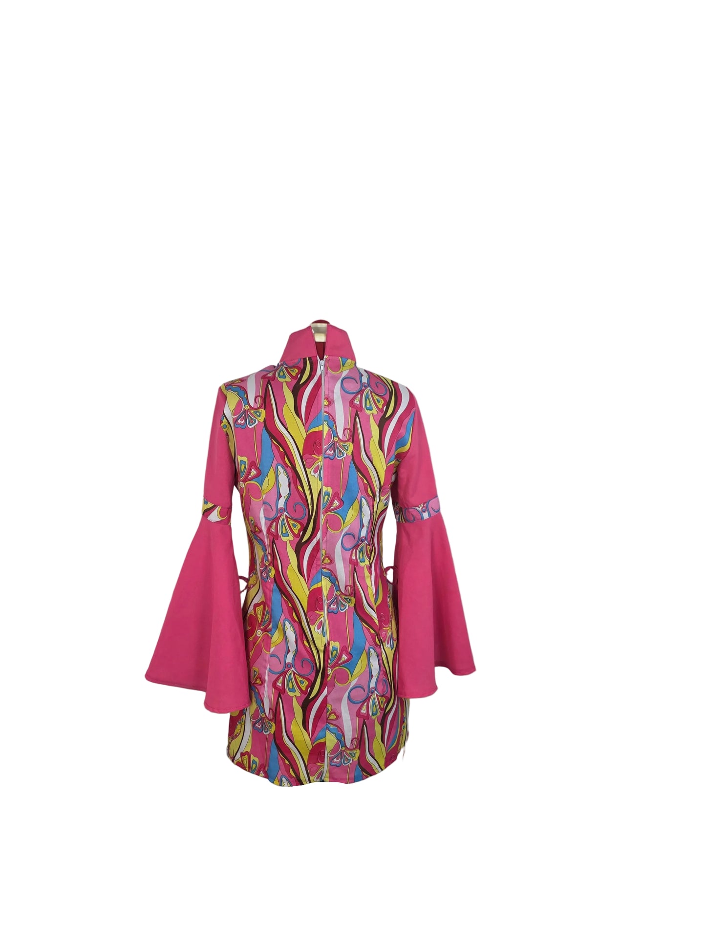 Psychedelic 70s-Inspired Mini Dress with Bell Sleeves – Pink