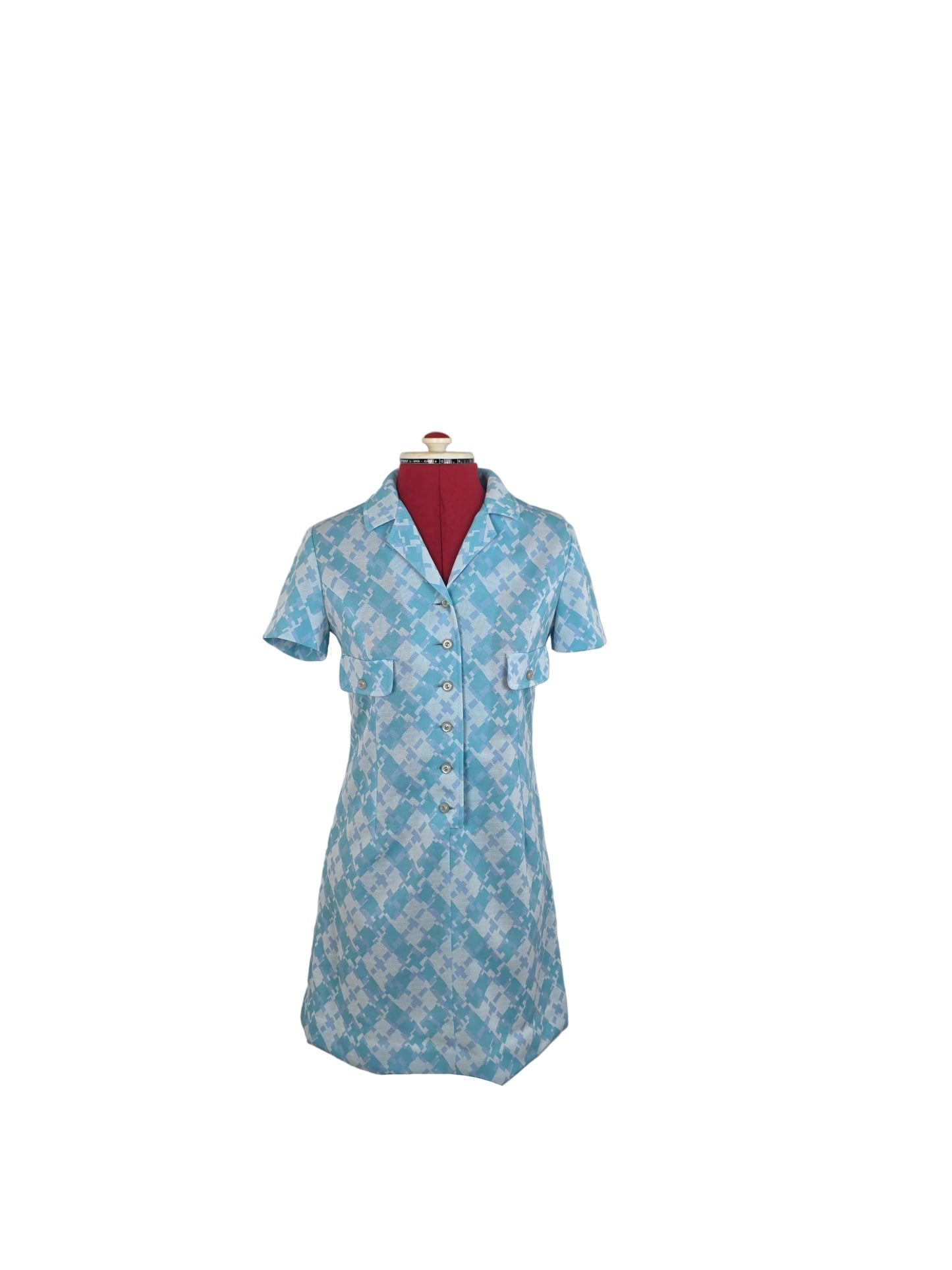 Late 1960s Mod Geometric Crimplene Shirt Dress in Ice Blue EC Konfektion