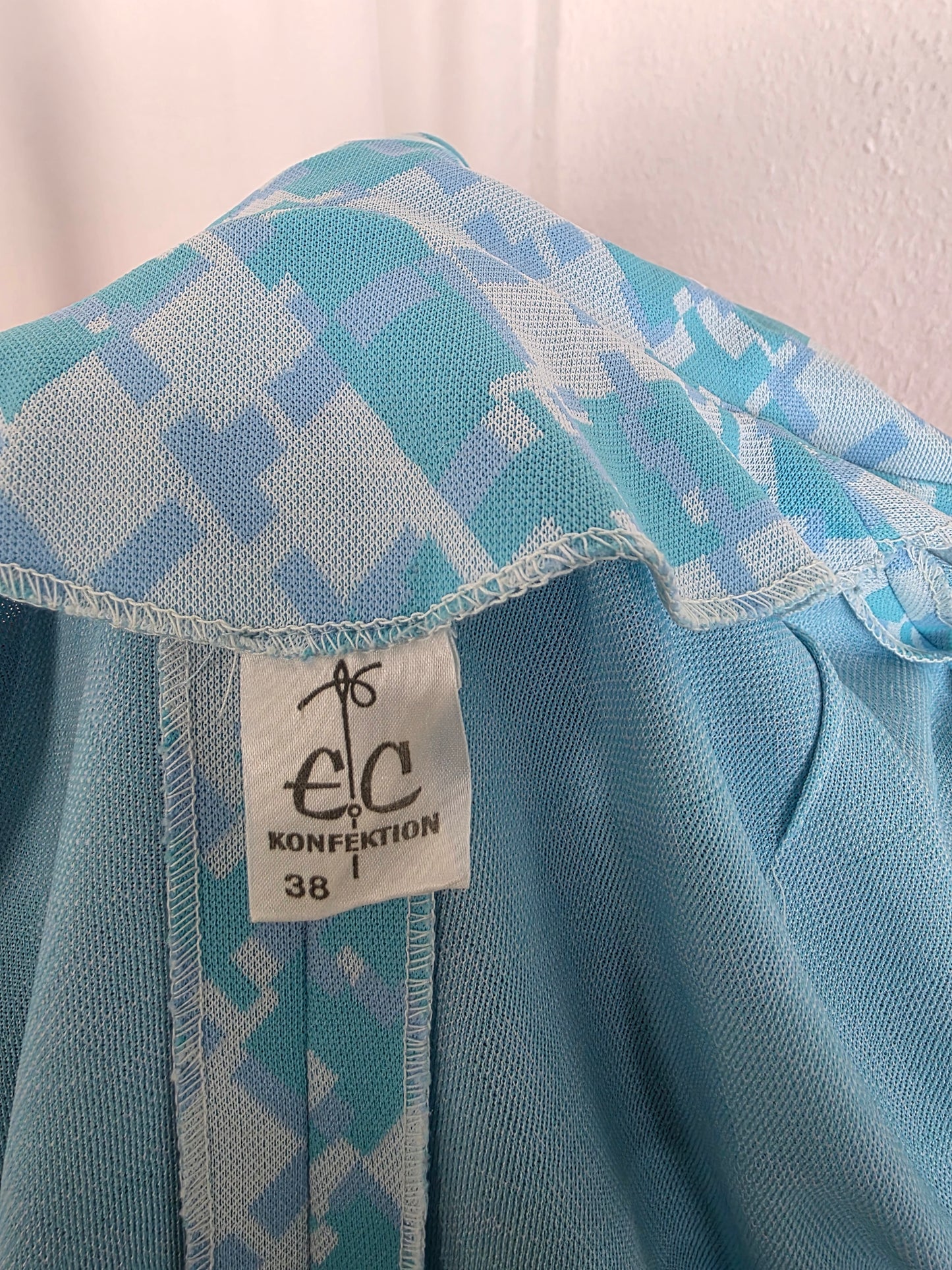 Late 1960s Mod Geometric Crimplene Shirt Dress in Ice Blue EC Konfektion
