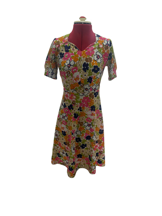 Late 1960s–1970s Handmade Floral Dress, Sweetheart Neckline