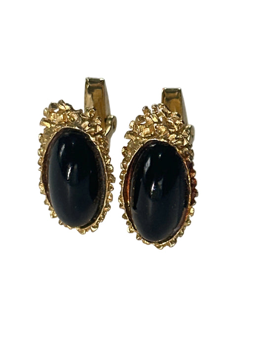 Vintage 1970s Nugget Style Cufflinks – Black Oval Cabochon,  Gold Tone Brutalist Design