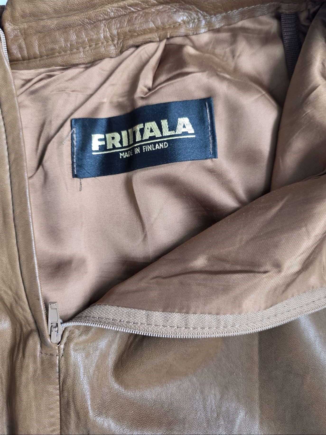 1980s Fritala Finland Soft Leather Midi Skirt Camel Brown Genuine Leather