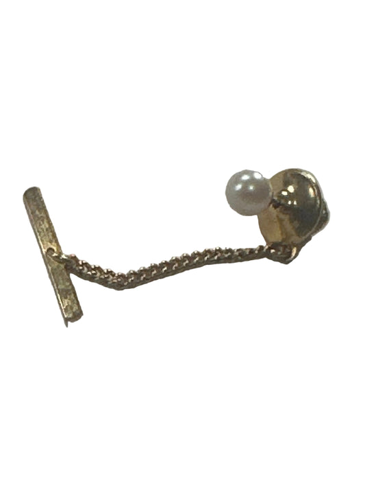 Vintage 1950s–1960s Pearl Stick Pin – Gold-Tone, Chain & Bar Back