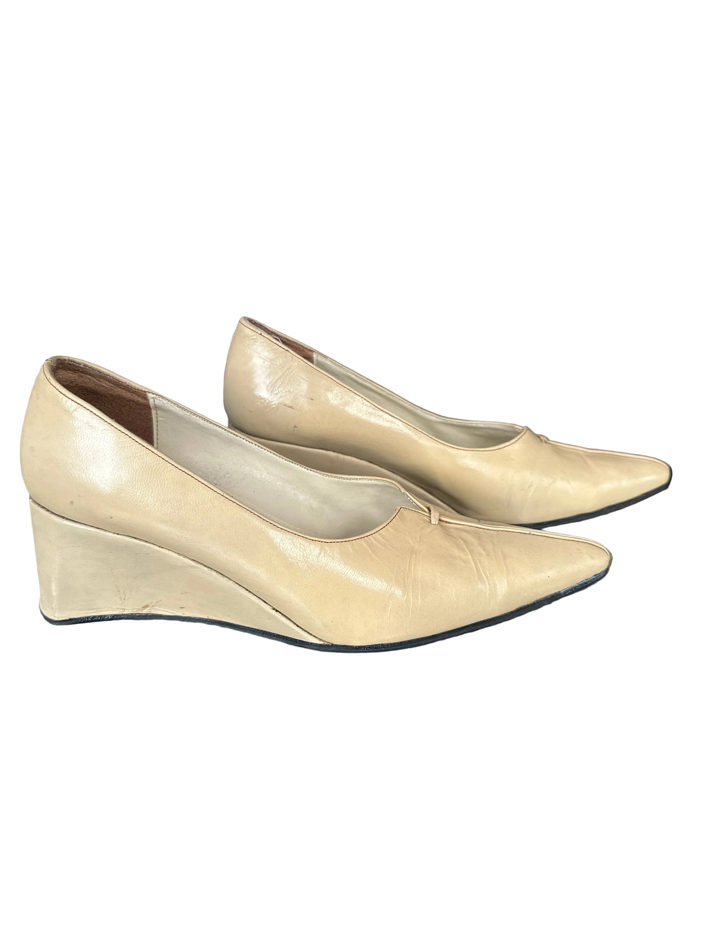 Vintage 1990s Sara Pen Cream Leather Wedge Court Shoes