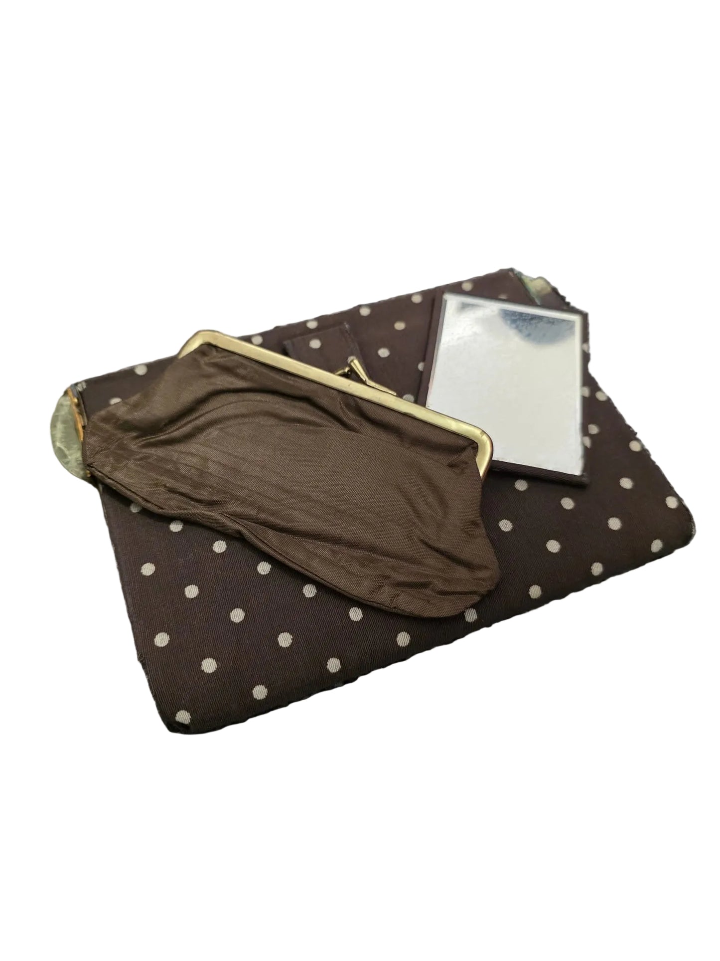 1950s Brown Polka Dot Clutch Bag with Original Purse & Mirror
