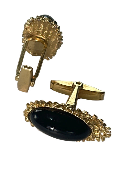 Vintage 1970s Nugget Style Cufflinks – Black Oval Cabochon,  Gold Tone Brutalist Design