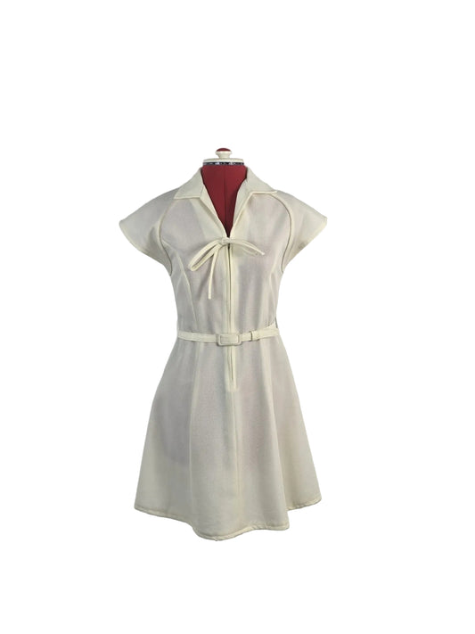 Late 1960s Cream Mod Mini Dress with Bow Neck & Belt Laurie Denton