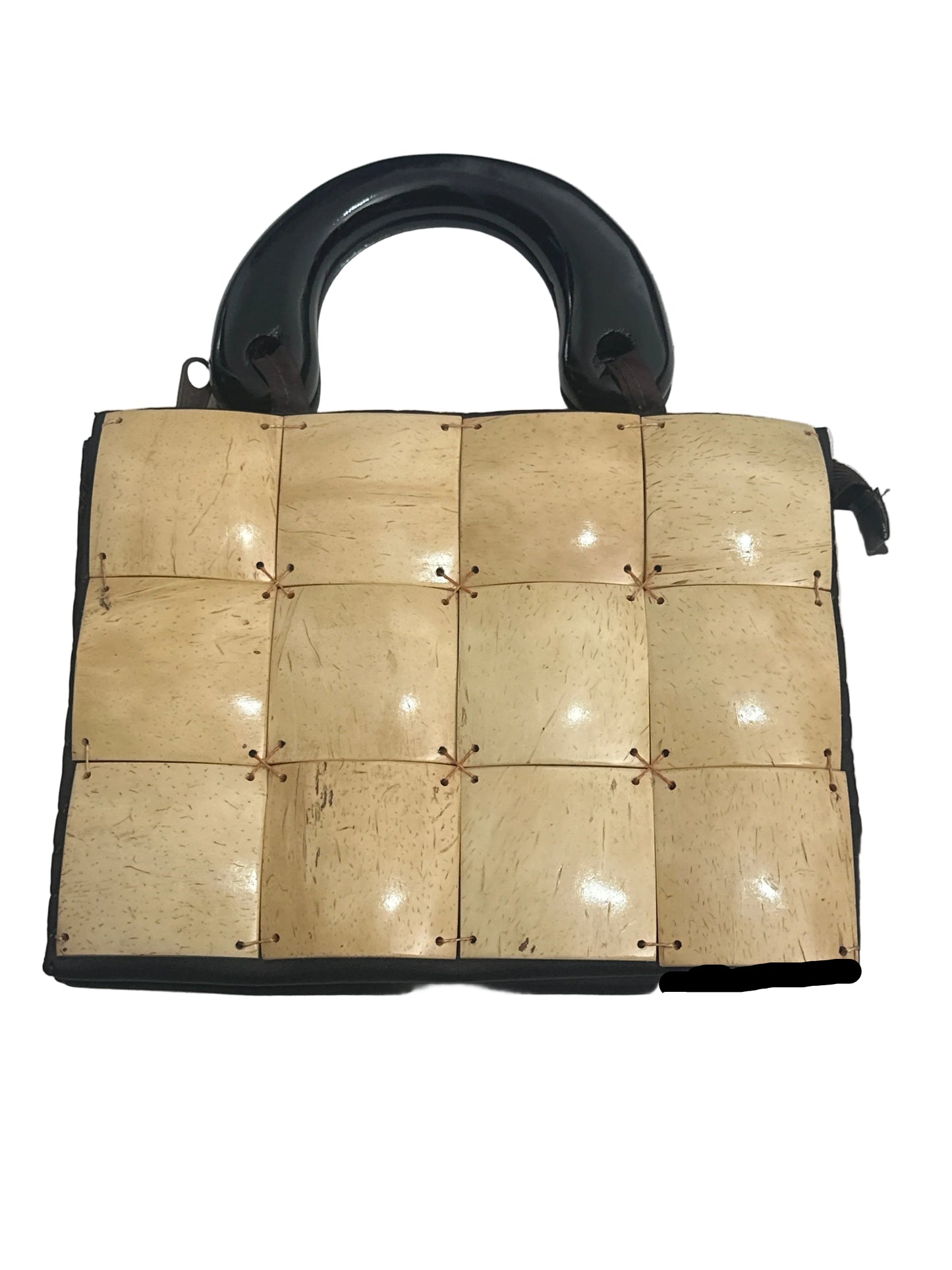 1970s Coconut Shell Handbag Brown Wooden Handle Boho Resort Bag