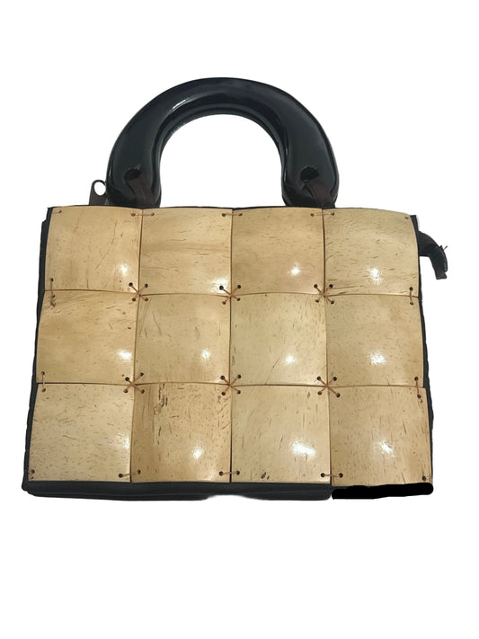 1970s Coconut Shell Handbag Brown Wooden Handle Boho Resort Bag
