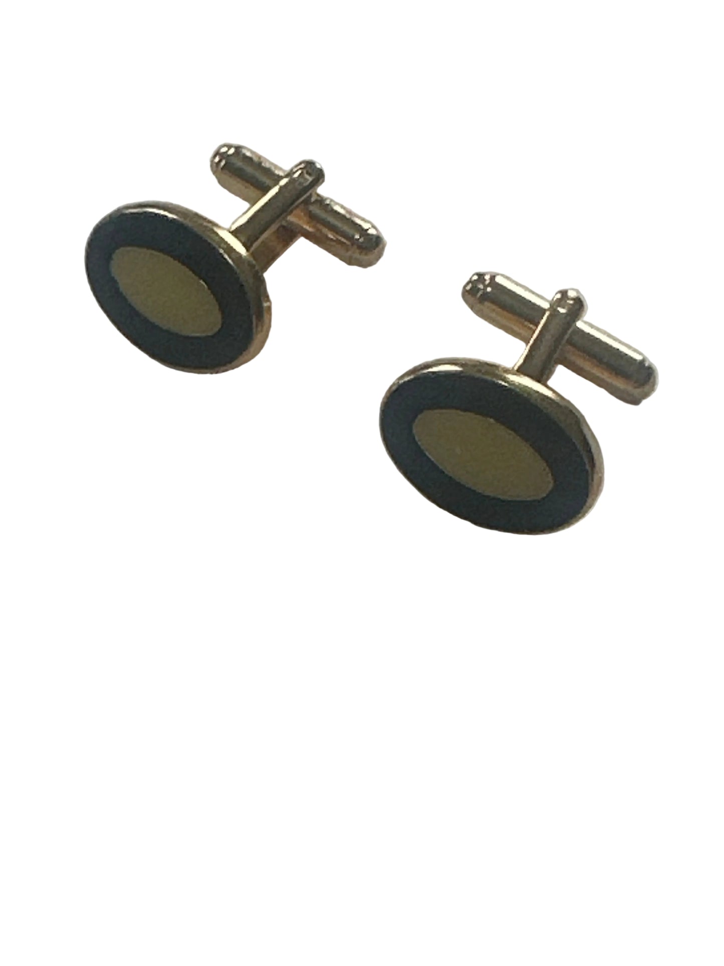 Vintage Oval Cufflinks with Black & Cream Enamel – Gold Tone,  Late 20th Century