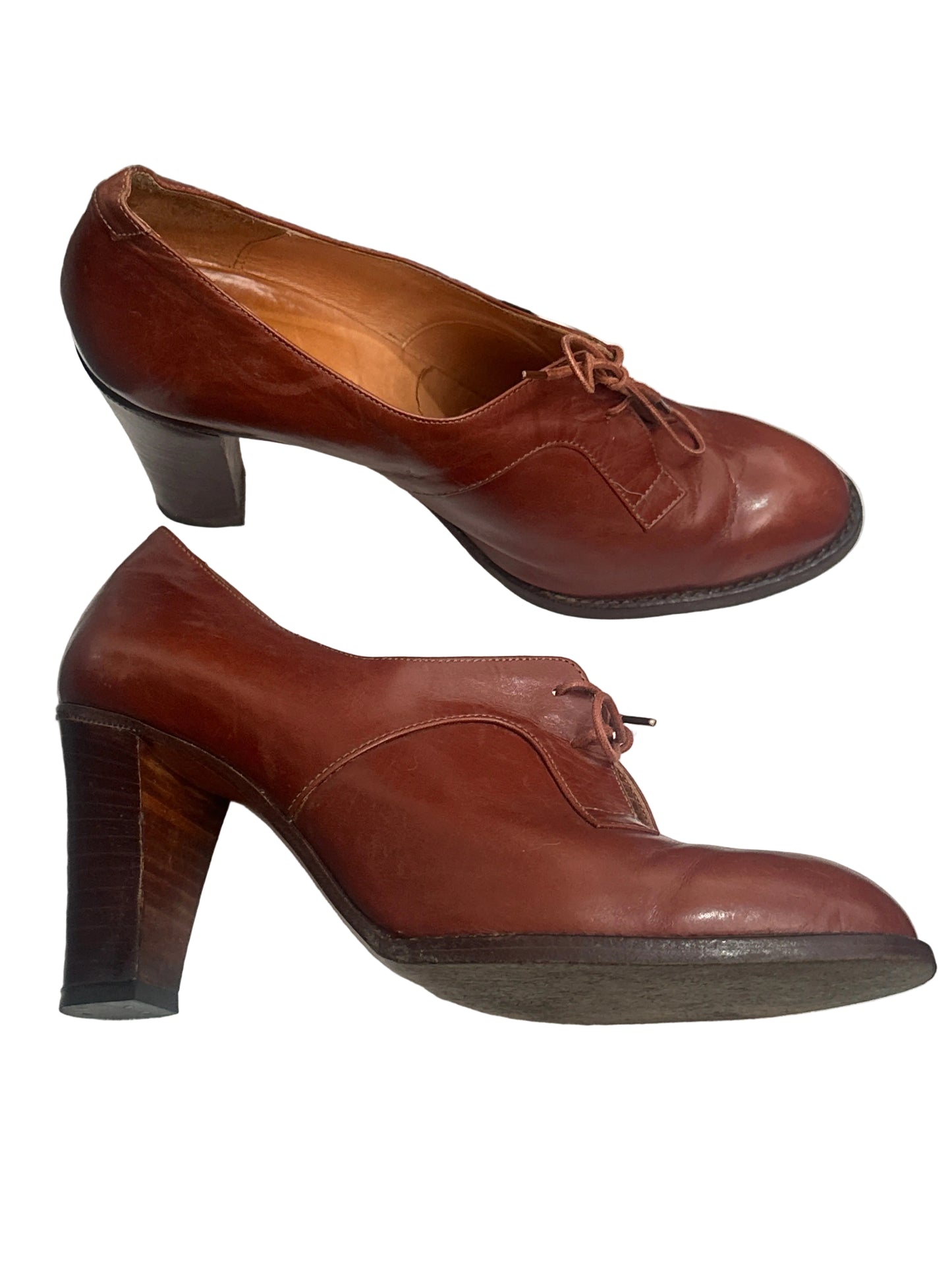 1970s Omega Tan Leather Lace Up Heels UK 4.5 EU 37