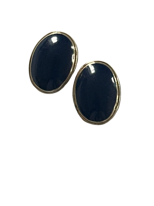 Vintage 1950s-Inspired Oval Earrings in Navy Resin and Gold-Tone Setting