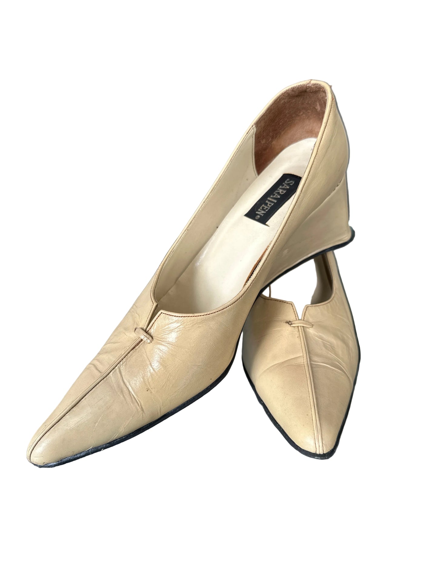 Vintage 1990s Sara Pen Cream Leather Wedge Court Shoes