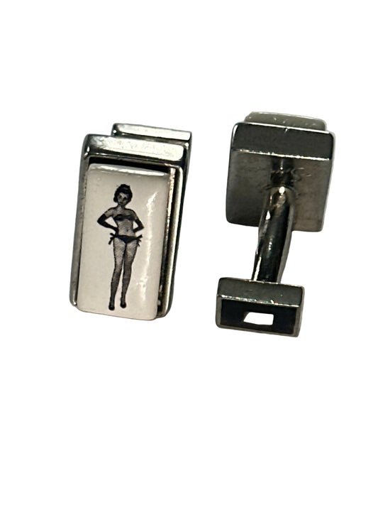 Vintage Spink’s London Pin-Up Girl Cufflinks, 1950s Style Retro Illustration – Novelty Gentleman Accessories