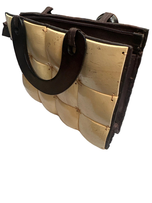 1970s Coconut Shell Handbag Brown Wooden Handle Boho Resort Bag