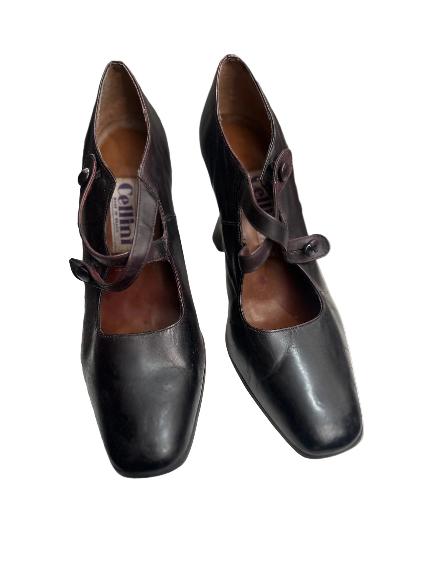 1980s–1990s Cellini Black Leather Mary Jane Heels Made in Brazil UK 5 EU 38