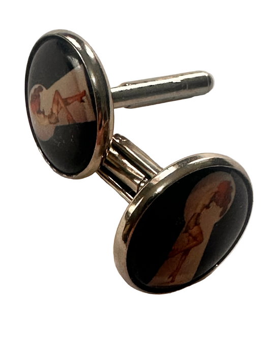 Vintage Pin-Up Girl Cufflinks – Retro Cabochon Design – Late 20th Century