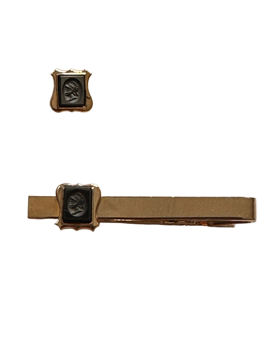 c.1960s True Vintage Stratton London Roman Intaglio Tie Clip & Tie Tack Set