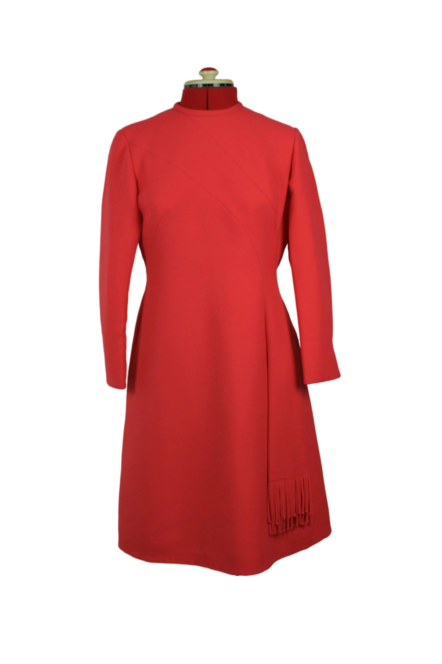 Late 1960s Sculptural Red Mod Dress with Fringe Detail Peggy French Couture
