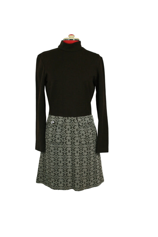 Late 1960s Deha of Sweden Dress | Trompe-l'oeil Mod Two-Piece Look with Geometric Weave Skirt Chic