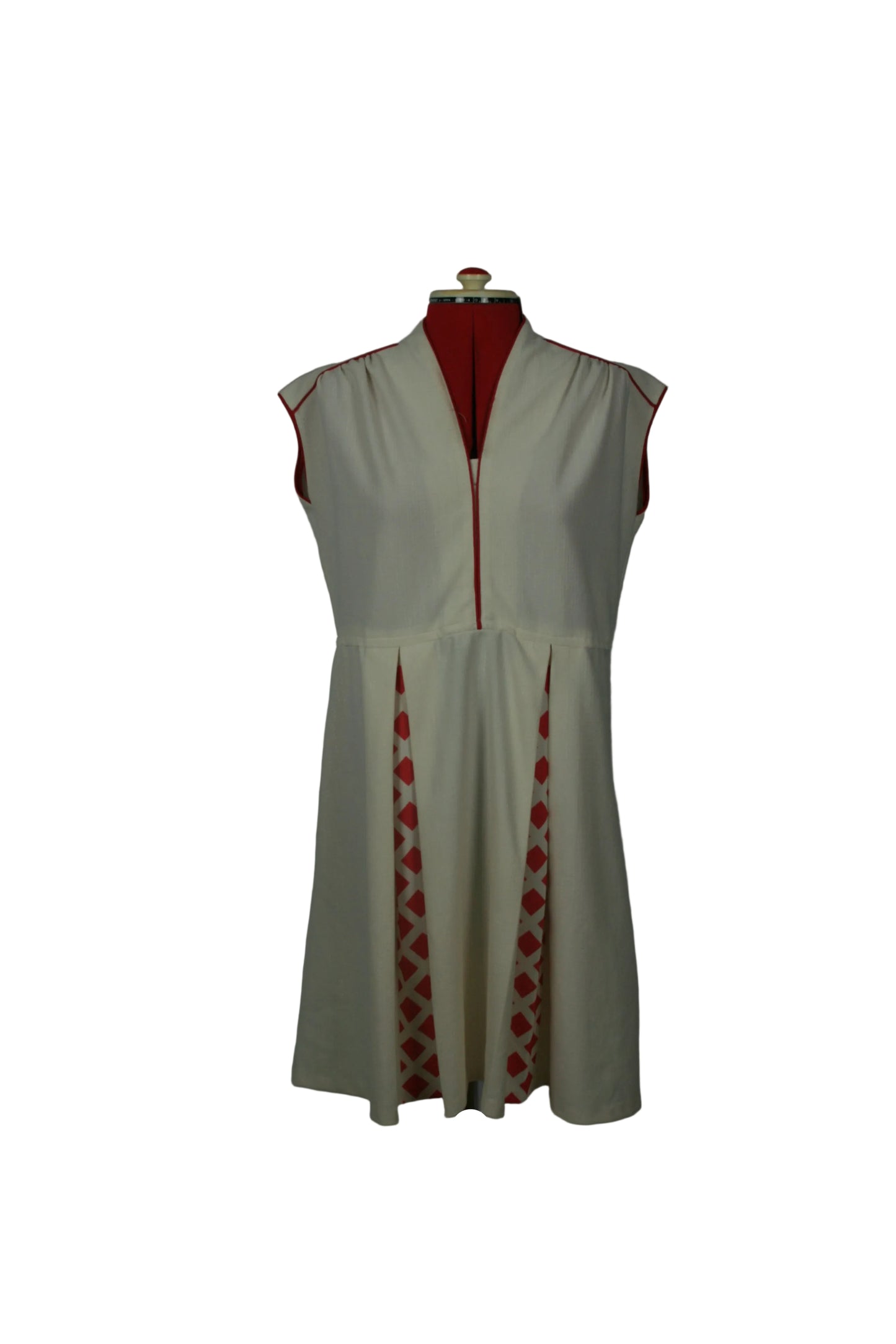 Vintage 1960s Off White A-Line Dress with Red Geometric Inserts