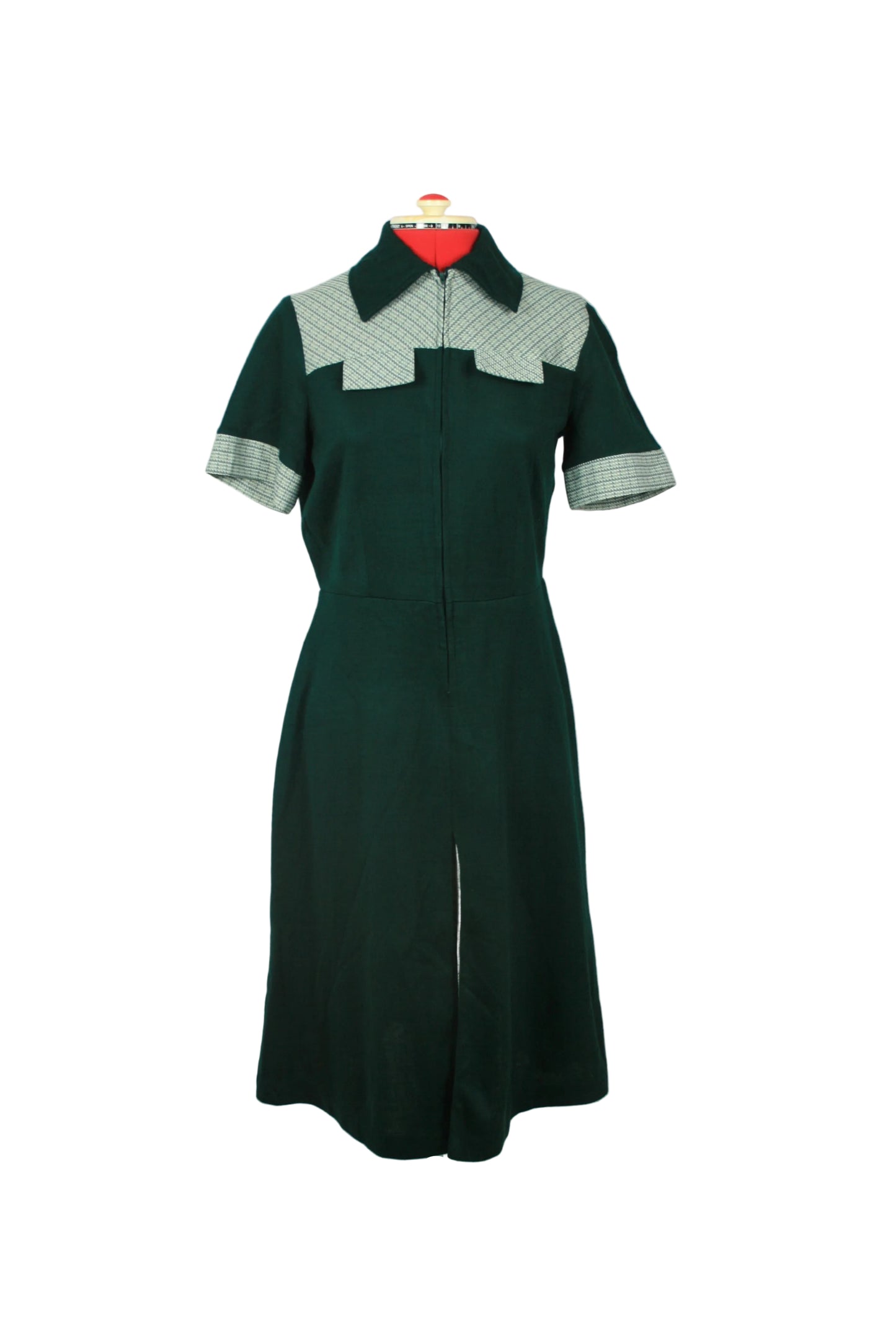 Late 60s Mod Graphic Collar Dress – Forest Green & Geometric Contrast