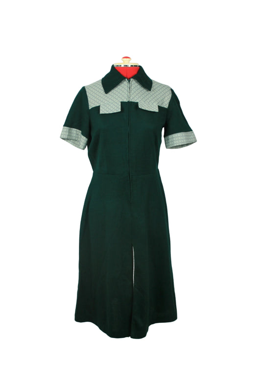 Late 60s Mod Graphic Collar Dress – Forest Green & Geometric Contrast