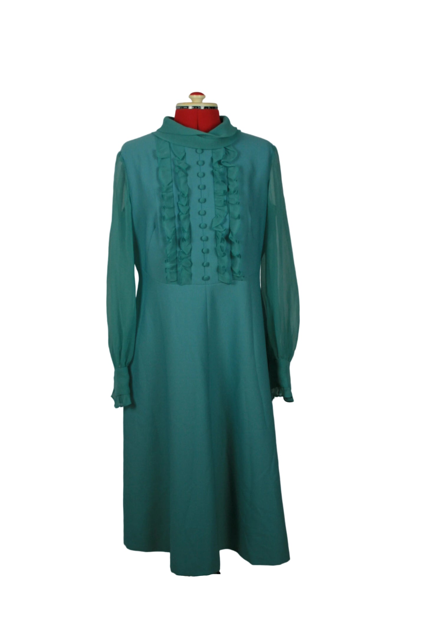Late 1960s Teal Mod Dress with Ruffled Bib & High Neck Peggy French Couture