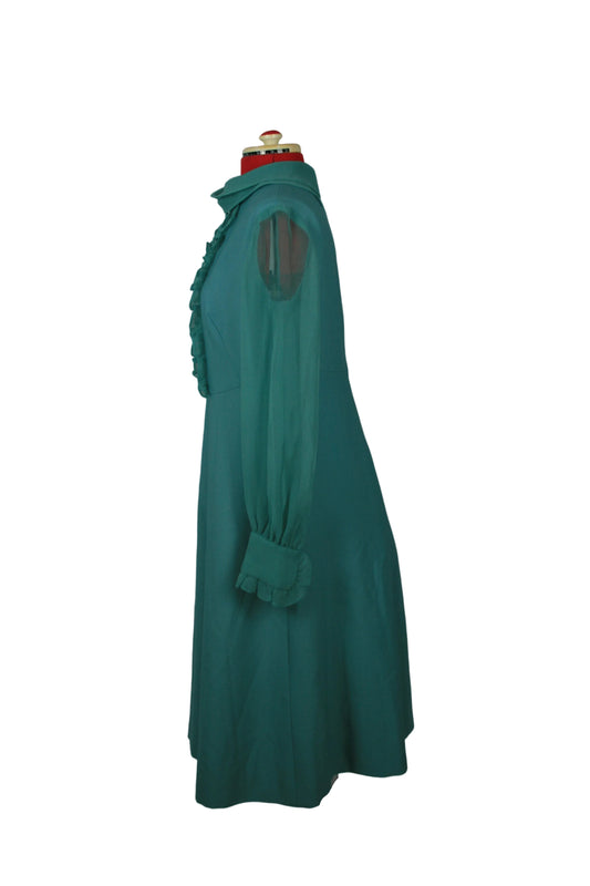 Late 1960s Teal Mod Dress with Ruffled Bib & High Neck Peggy French Couture
