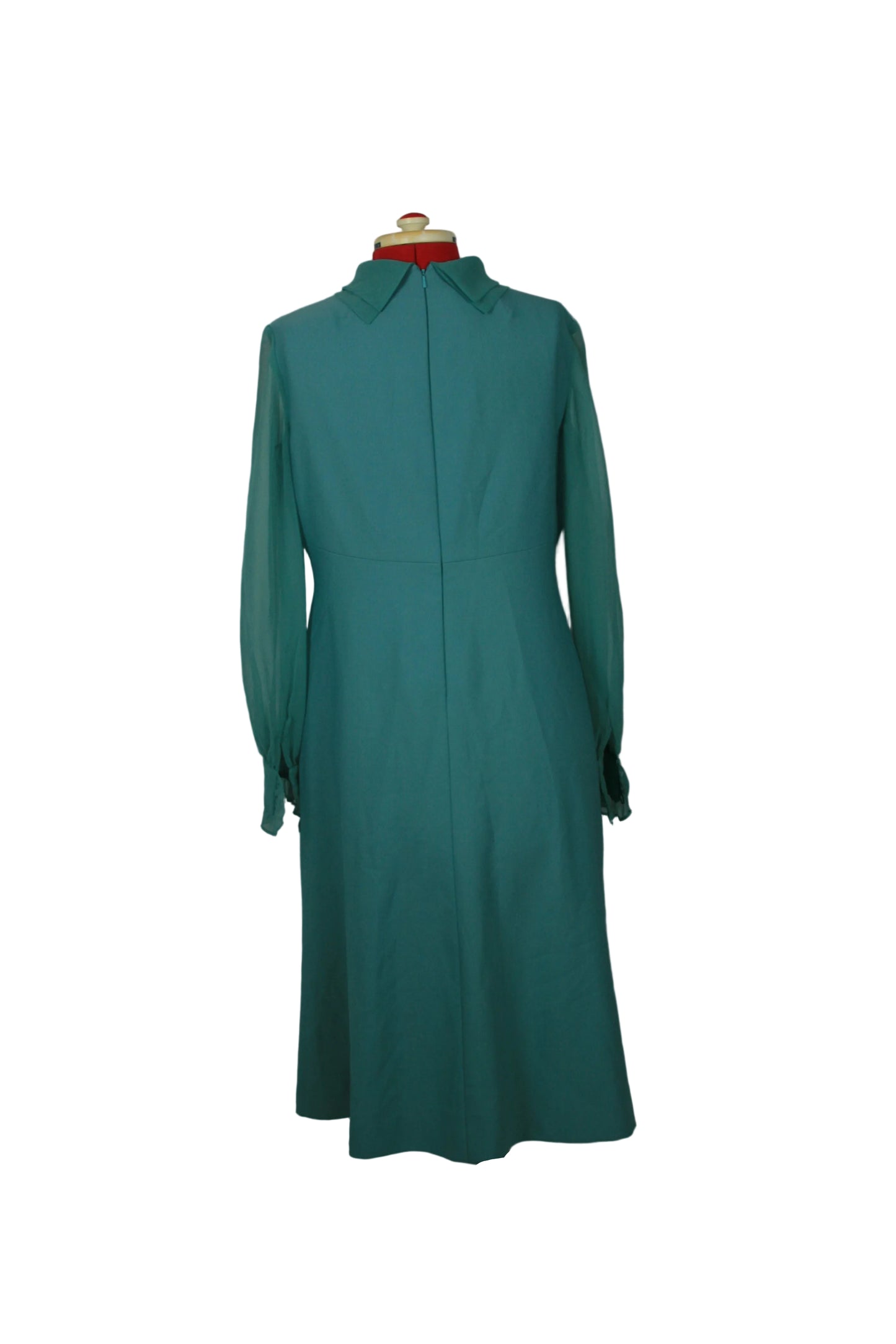 Late 1960s Teal Mod Dress with Ruffled Bib & High Neck Peggy French Couture
