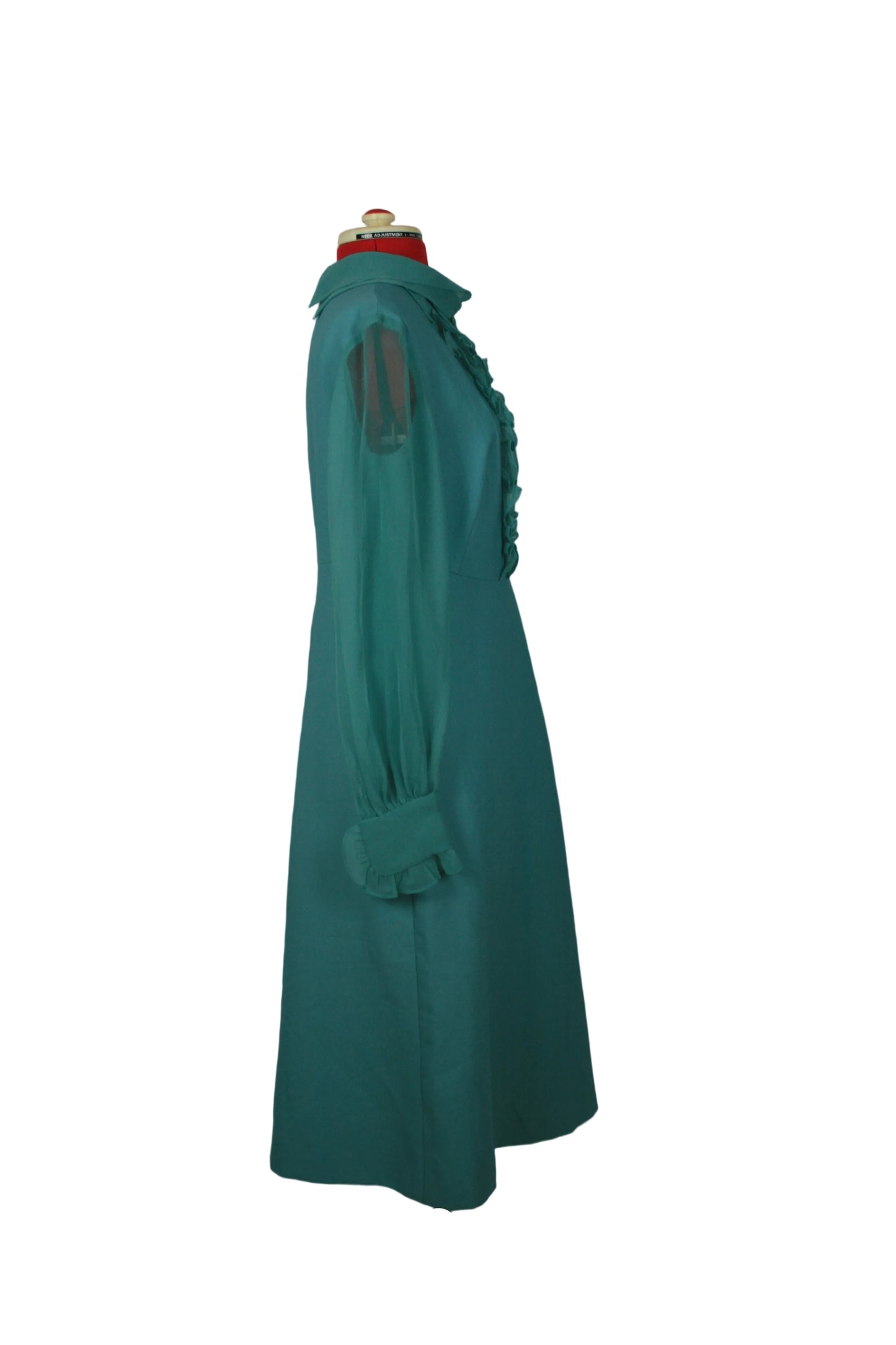 Late 1960s Teal Mod Dress with Ruffled Bib & High Neck Peggy French Couture