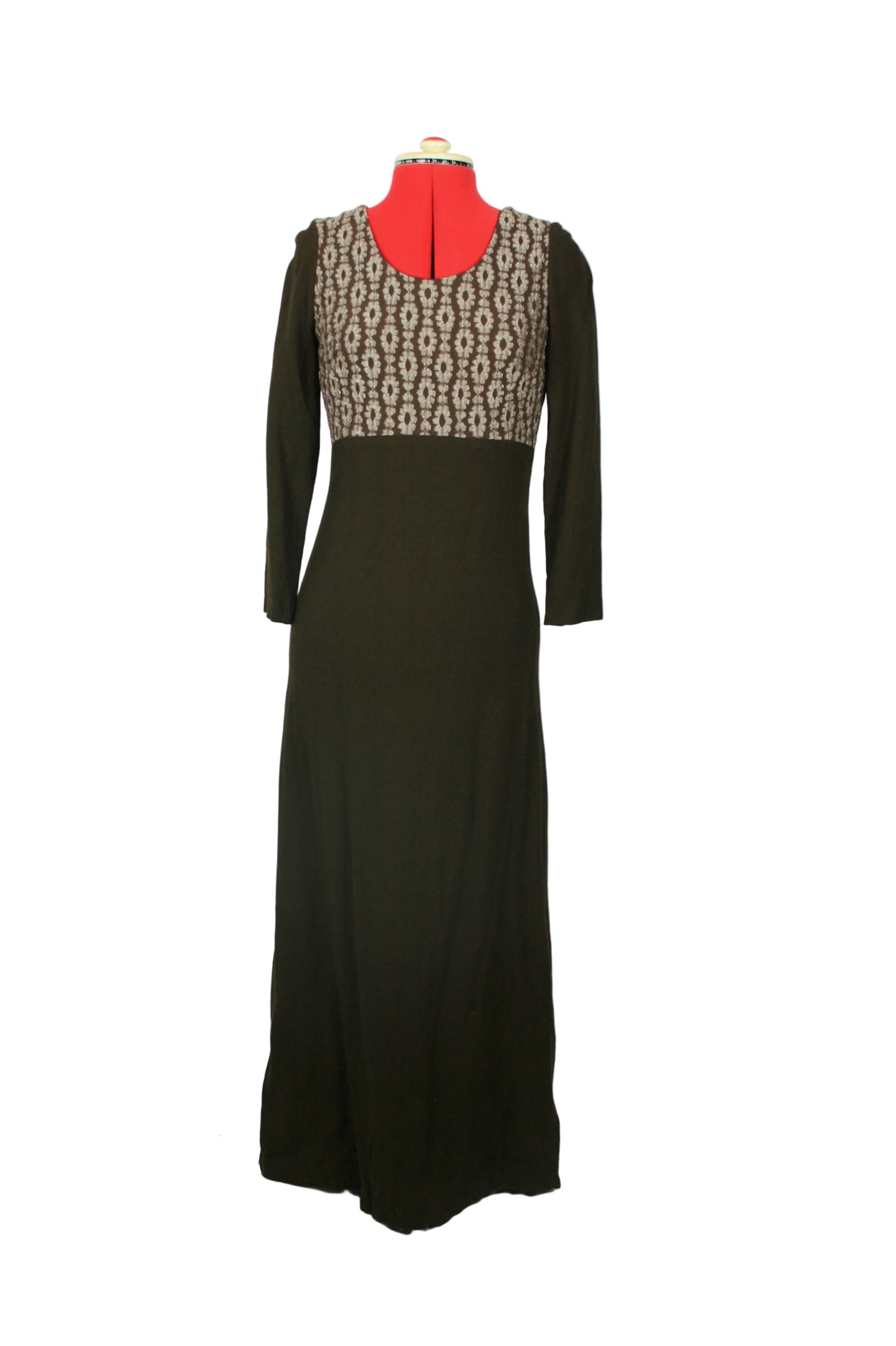 Late 1960s Black Maxi Dress with Graphic Bodice – Mod Evening Silhouette Katy Myynti Finland