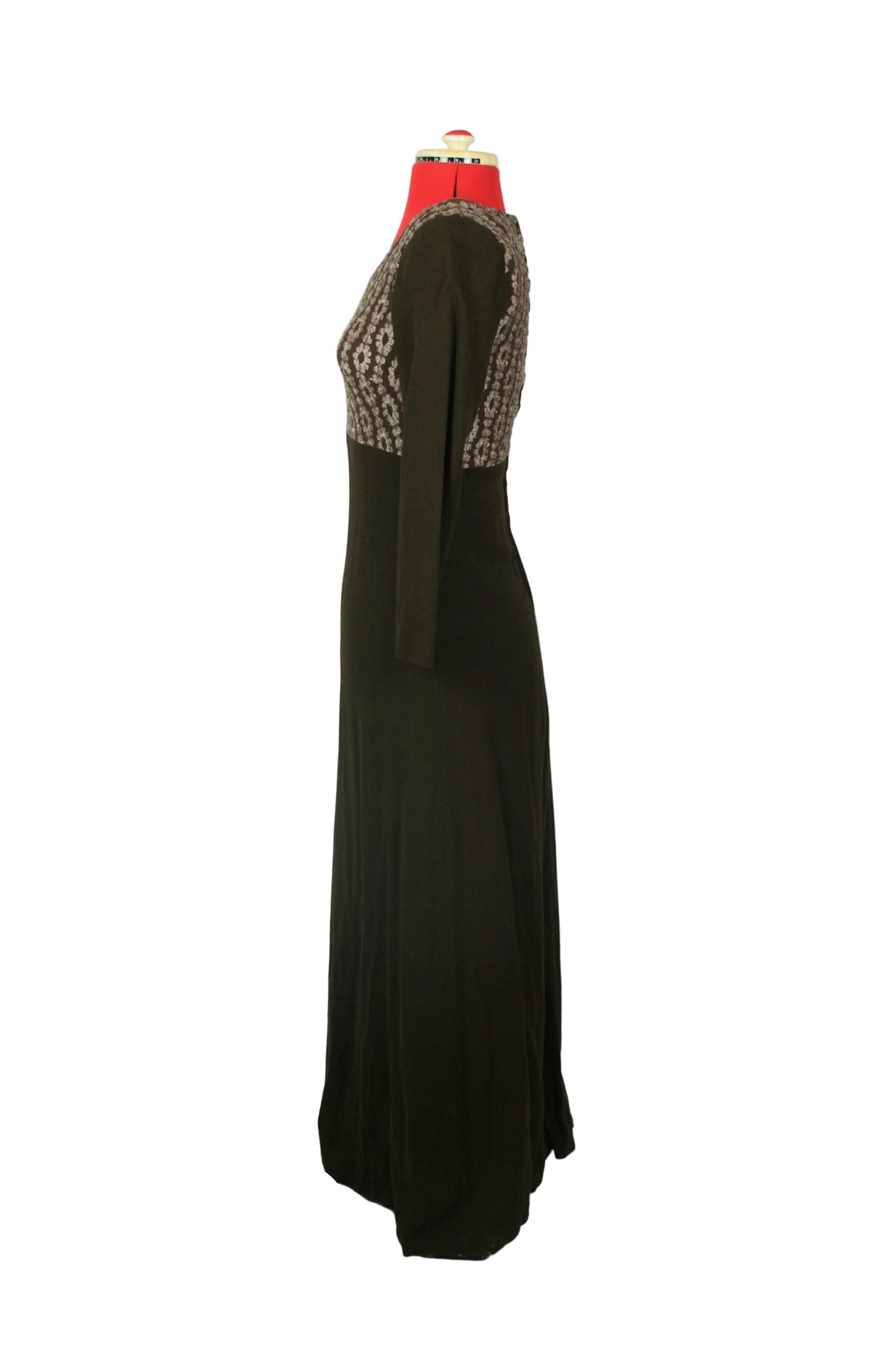 Late 1960s Black Maxi Dress with Graphic Bodice – Mod Evening Silhouette Katy Myynti Finland